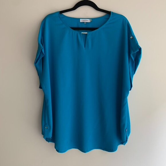 Calvin Klein Women's Draped Blouse Top Short Sleeve Blue Plus Size 1X - Picture 8 of 15